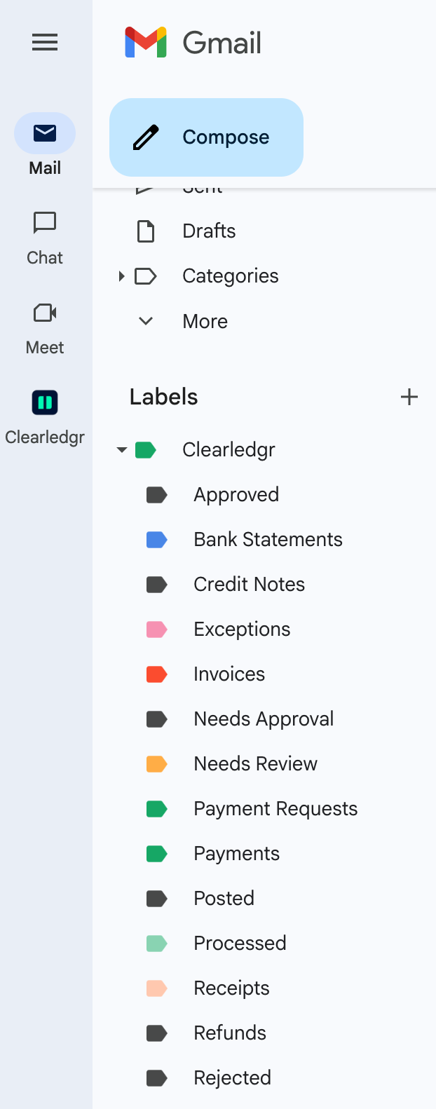 Gmail sidebar showing Clearledgr labels: Approved, Exceptions, Invoices, Needs Approval, Needs Review, Posted.