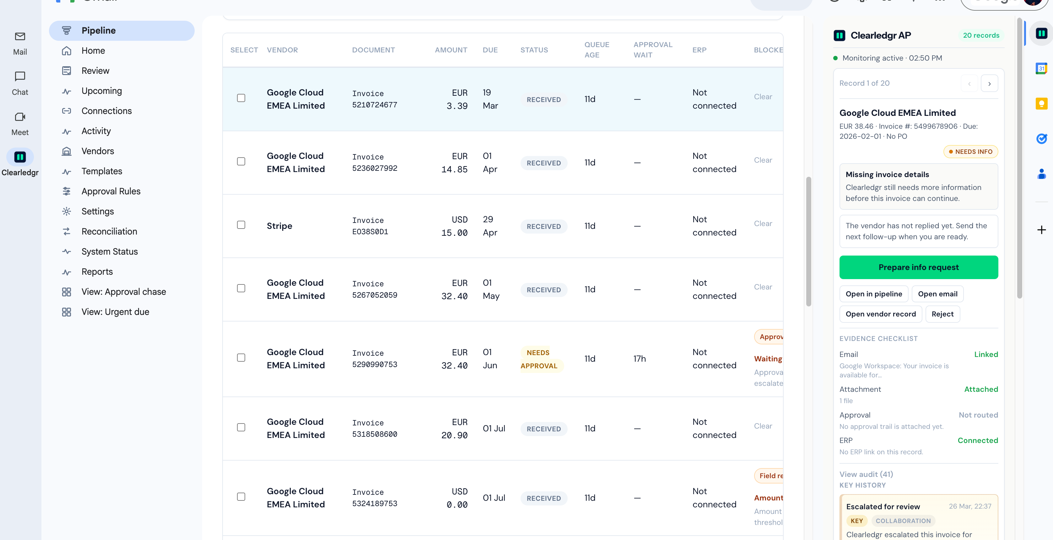 Clearledgr running inside Gmail with the pipeline view and live thread panel visible.