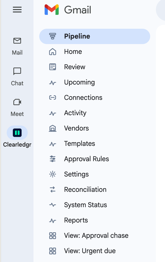 Clearledgr app menu inside Gmail.