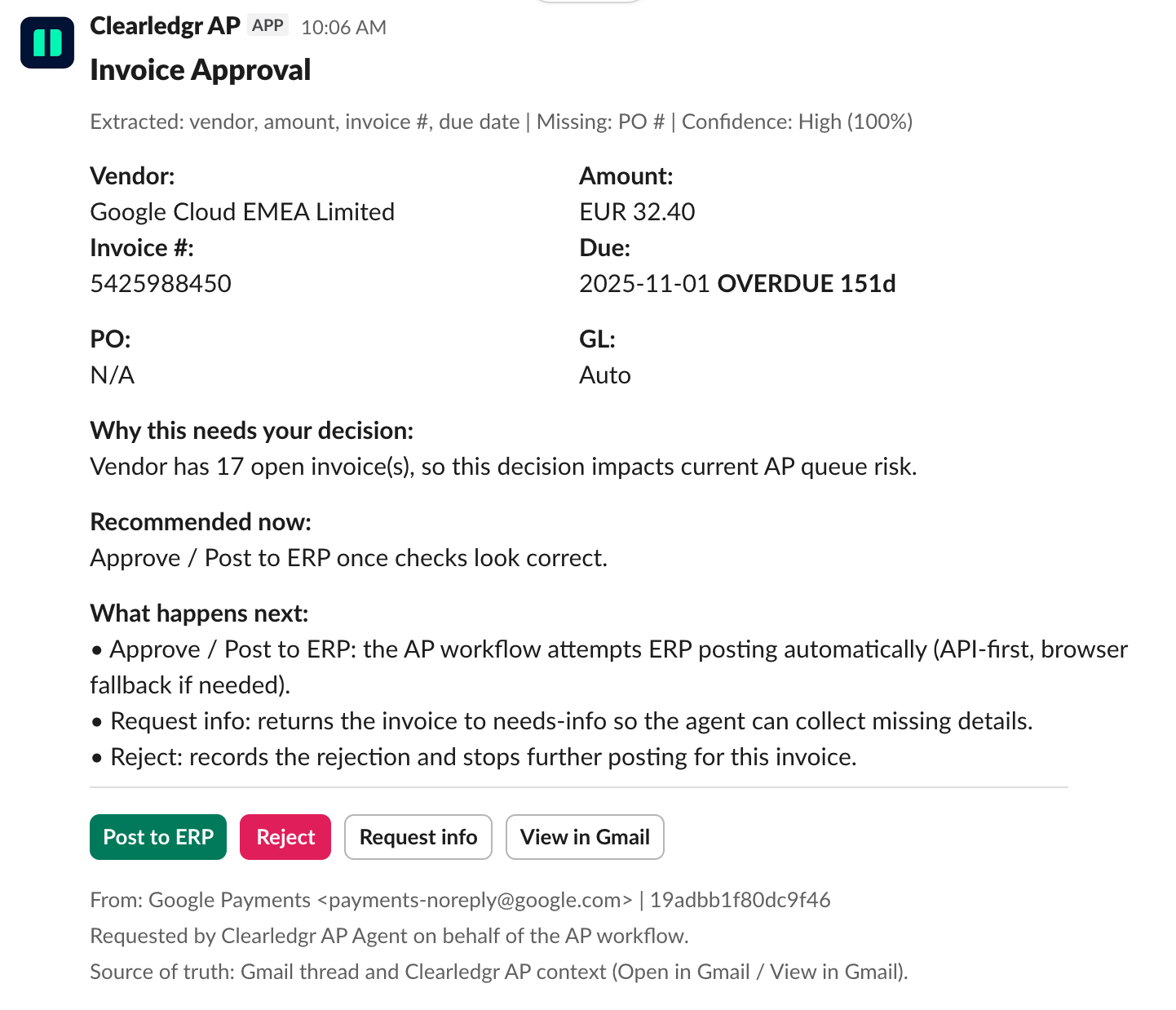 Slack approval card showing AI-extracted invoice data, confidence score, reasoning, and Post to ERP action.