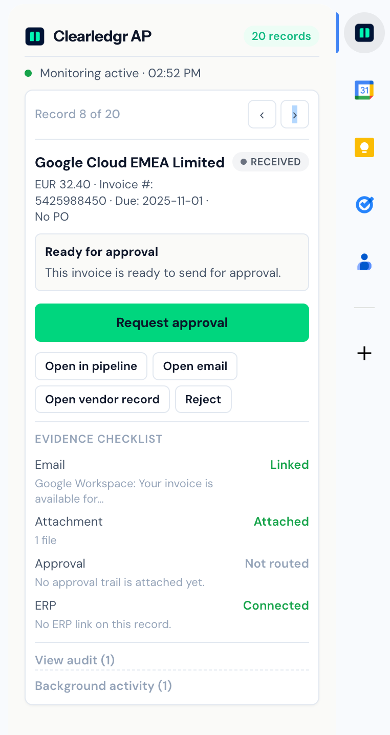 Clearledgr thread panel showing invoice details, approval routing, and evidence checklist.