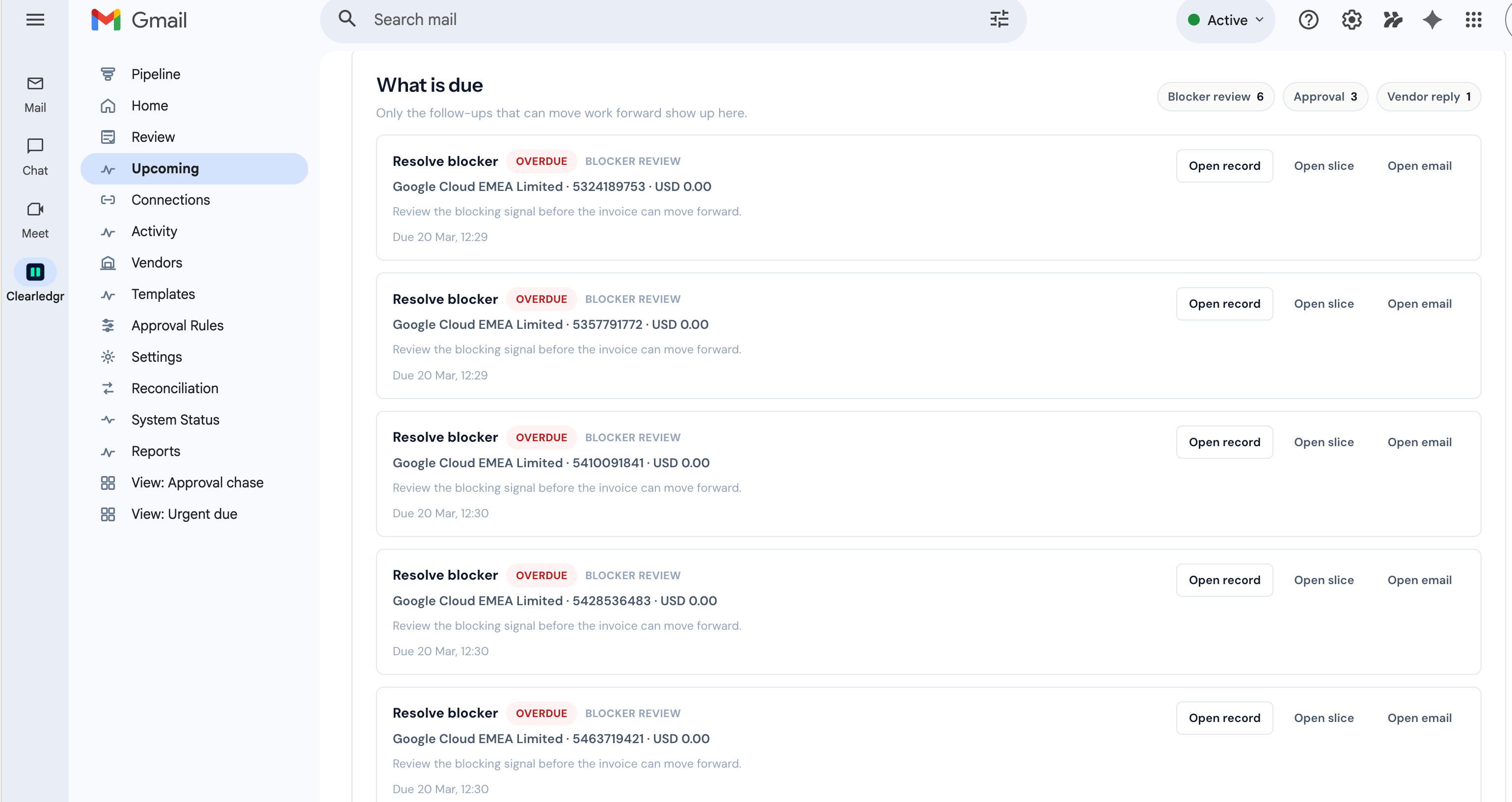 Clearledgr upcoming queue showing overdue blockers.