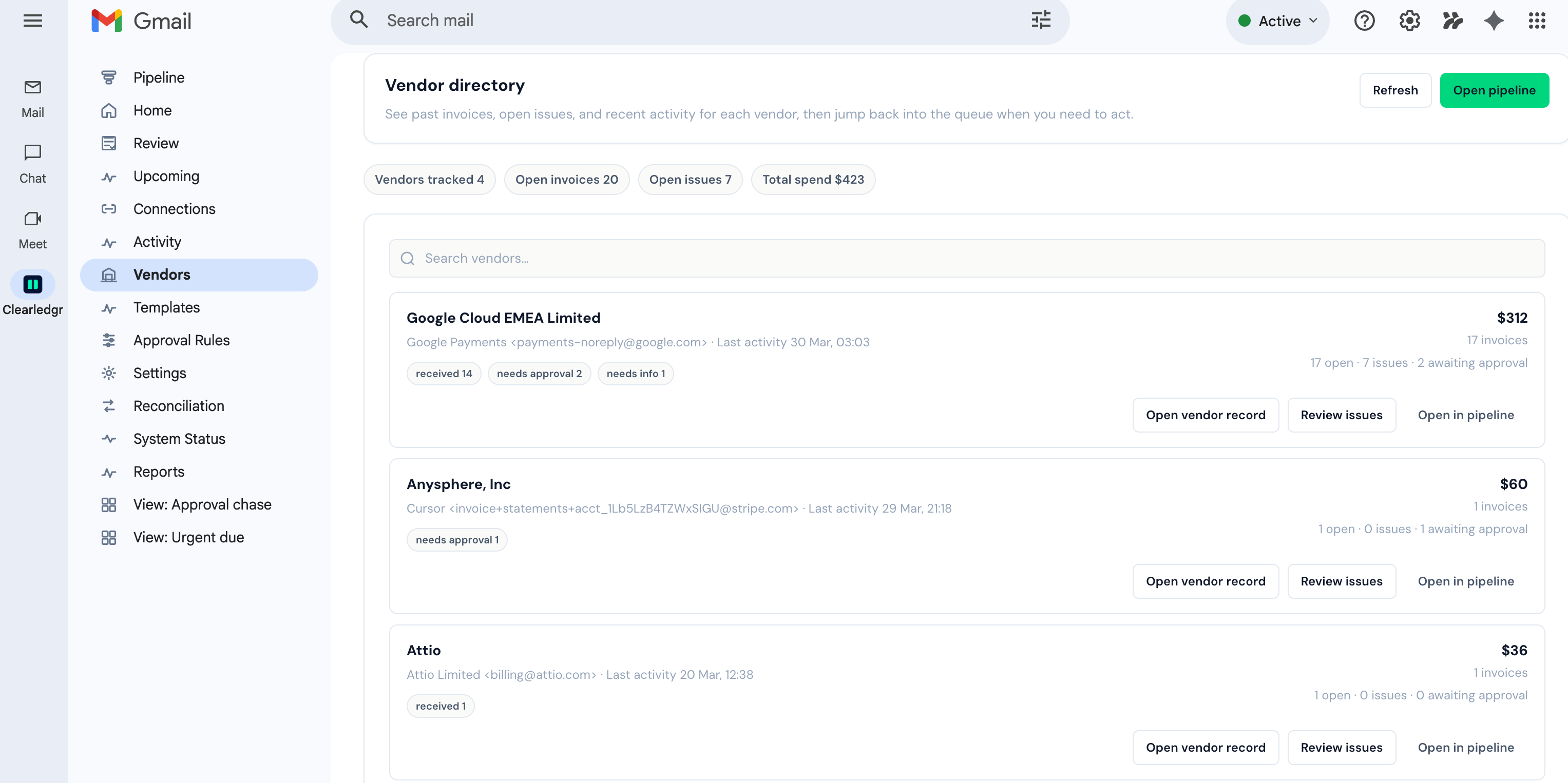 Clearledgr vendor directory showing tracked vendors, open invoices, issues, and spend.